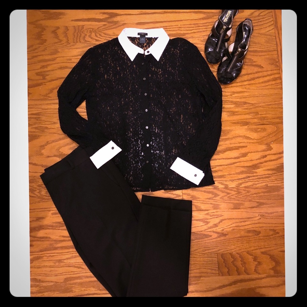 Ann Taylor Black Lace Button Down Shirt